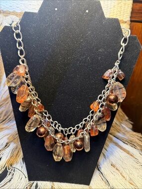 Multicolor acrylic/metal dangling, beaded fashion statement, bib necklace.